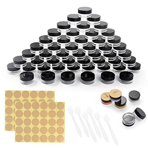 Envase Cosmético, 60 Piezas Tarros de Plástico con 6 Raspador Y Pegatinas, 5 ml Contenedores Cosmético, Tarro Vacío Crema para Loción, Crema, Minivelas, Cosméticos - Negro