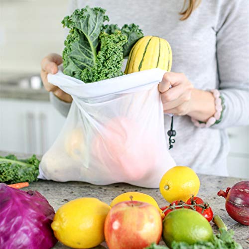 Eono by Amazon - Bolsas Compra Reutilizables Ecológicas Bolsa de Malla para Almacenamiento Fruta Verduras Juguetes Lavable y Transpirable 3 Diversos Tamaños, 16 Pcs (4L+8M+4S)