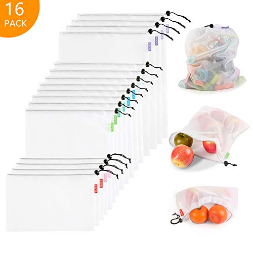 Eono by Amazon - Bolsas Compra Reutilizables Ecológicas Bolsa de Malla para Almacenamiento Fruta Verduras Juguetes Lavable y Transpirable 3 Diversos Tamaños, 16 Pcs (4L+8M+4S)