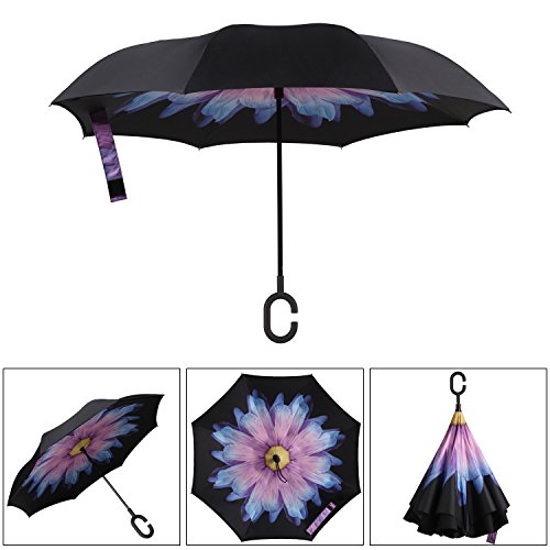 Eono by Amazon - Paraguas Invertido de Doble Capa, Paraguas Plegable de Manos Libres Autoportante,Paraguas a Prueba de Viento Anti-UV para la Lluvia del Coche al Aire Iibre, Margarita Púrpura