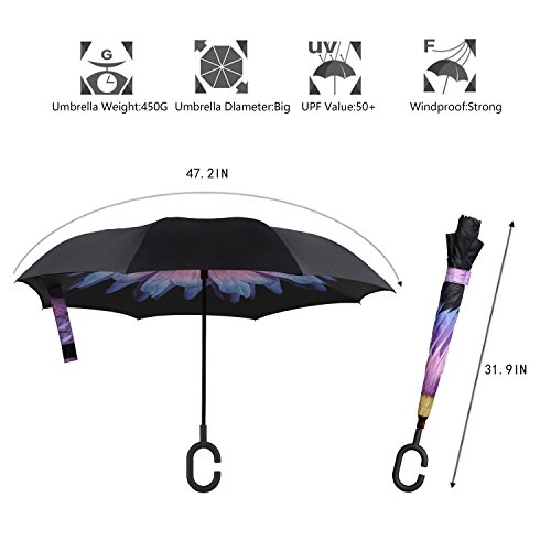 Eono by Amazon - Paraguas Invertido de Doble Capa, Paraguas Plegable de Manos Libres Autoportante,Paraguas a Prueba de Viento Anti-UV para la Lluvia del Coche al Aire Iibre, Margarita Púrpura
