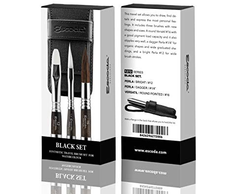 ESCODA Set 3 Pinceles Acuarela - Black Set Viaje N.16,1/4",12 Redondo Punta Espada Carrado Pelo Sintético Profesional Bellas Artes Brochas Serie Versàtil Perla Fabricado a Mano en España.