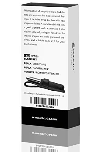 ESCODA Set 3 Pinceles Acuarela - Black Set Viaje N.16,1/4",12 Redondo Punta Espada Carrado Pelo Sintético Profesional Bellas Artes Brochas Serie Versàtil Perla Fabricado a Mano en España.