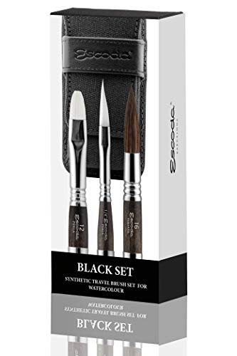 ESCODA Set 3 Pinceles Acuarela - Black Set Viaje N.16,1/4",12 Redondo Punta Espada Carrado Pelo Sintético Profesional Bellas Artes Brochas Serie Versàtil Perla Fabricado a Mano en España.