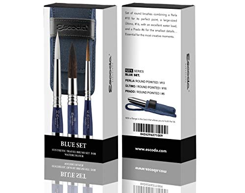 ESCODA Set 3 Pinceles Acuarela - Blue Set Viaje N.6,10,16 Redondo Punta Pelo Sintético Profesional Bellas Artes Brochas Serie Prado Perla Último Fabricado a Mano en España.
