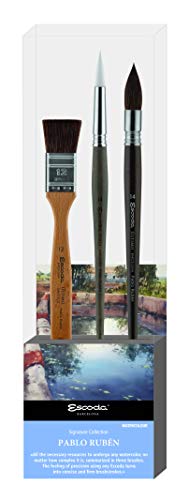 ESCODA Set 3 Pinceles Acuarela - N.12,14,14 Redondo Punta Mop Paletina Pelo Sintético Set Pablo Rubén Serie Último Perla Profesional Bellas Artes Brochas Fabricado a Mano en España.