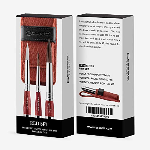 ESCODA Set 3 Pinceles Acuarela - Red Set Viaje N.6,8,12 Redondo Punta Pelo Sintético Profesional Bellas Artes Brochas Serie Último Perla Versàtil Fabricado a Mano en España.