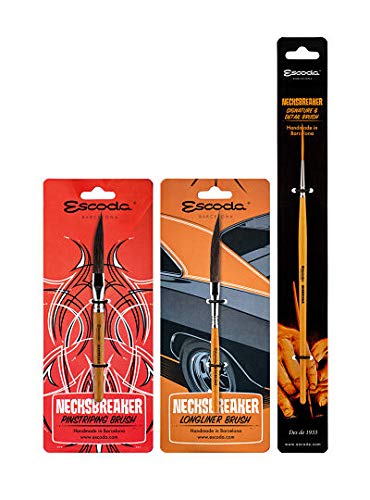 ESCODA Set 3 Pinceles Pinstriping - N.8,4,1 Plano Sesgado Redondeado Salida Larga en Punta Set Necksbreacker Pinstriping Longliner Detalles Profesional Bellas Artes Brochas Fabricado a Mano en España.