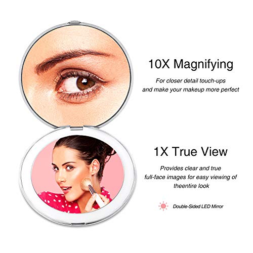 Espejo de Bolsillo,REDSTORM Imagen Real Espejo de Maquillaje con Luz Aumento1X y 10X Espejo Portátil con 12 LED Regalo para Mujer y Niña (plata)