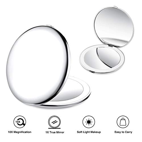Espejo de Bolsillo,REDSTORM Imagen Real Espejo de Maquillaje con Luz Aumento1X y 10X Espejo Portátil con 12 LED Regalo para Mujer y Niña (plata)