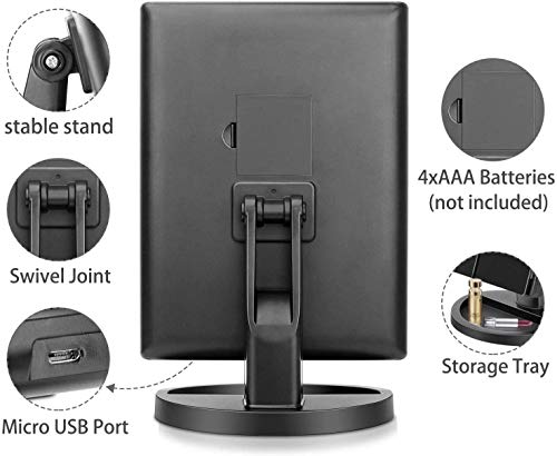 Espejo Maquillaje con Luz,Flymiro Profesional Espejo Cosmético 1X, 2X,3X Iluminacíon 21 Led Pantalla táctil Lámparas,Plegable Lámpara LED 180° Rotación Coméstico con Mostrador,Mejor Regalo (Negro)