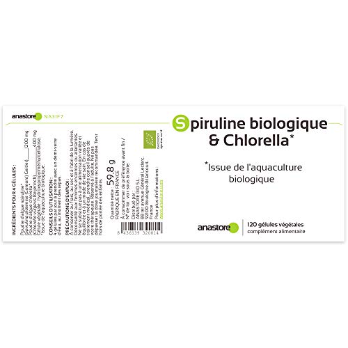 Espirulina ecológica y Chlorella * 400 mg/120 cápsulas * Dos algas ricas en vitaminas * Fabricado en Francia