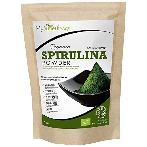 Espirulina En Polvo Orgánico 500g, MySuperFoods, Repletas de proteína, calcio y vitaminas, Rica en nutrientes, la mejor calidad disponible, certificado como producto orgánico por el Soil Association