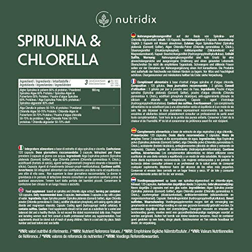 Espirulina y Chlorella 100% Veganas - Energia y Vitalidad - Detox y Saciante - Suplemento Rico en Minerales y Vitaminas - 180 Cápsulas Nutridix