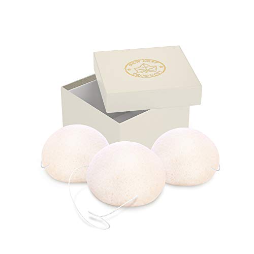 Esponja Konjac Blanca de Baño - Esponja Exfoliante Facial para Pieles Sensibles, Secas, Sensibles y Eczemas – Esponja Exfoliante Corporal Natural, Paquete de 3
