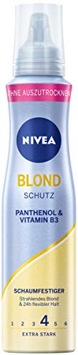 Espuma protectora Nivea Blond extra fuerte (150 ml), espuma para el cabello con pantenol y vitamina B3, espuma de volumen para una luminosidad rubia y 24 horas de sujeción.