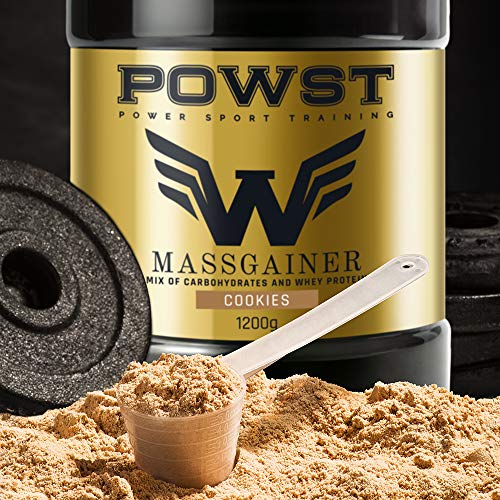 Estimulador Muscular, Suplemento Deportivo para Aumento de Masa Muscular con BCAA aminoacidos, Vitaminas y Minerales, 1,2Kg (Sabor Cookies) Ganador de Peso, Mass Gainer POWST