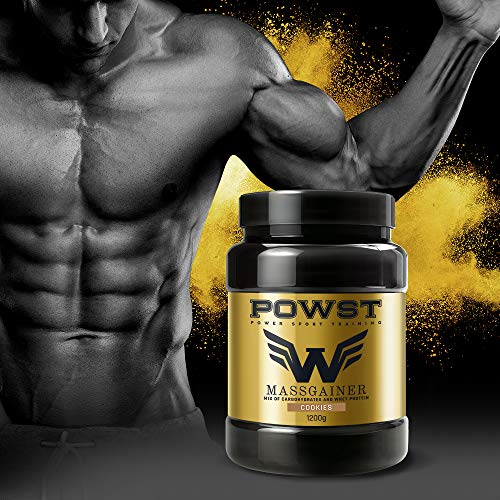 Estimulador Muscular, Suplemento Deportivo para Aumento de Masa Muscular con BCAA aminoacidos, Vitaminas y Minerales, 1,2Kg (Sabor Cookies) Ganador de Peso, Mass Gainer POWST