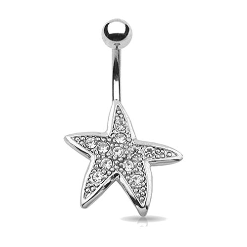 Estrella de mar colgante HBJ unisex de ombligo. Piercing de acero inoxidable con zirconia clara 1,6 mm x 10 mm nsr4525 ºC
