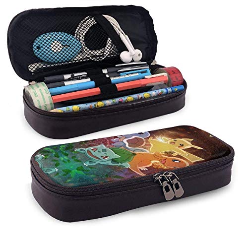 Estuche de lápices Pokémon Starte-rs Pi-Kachu - Estuche de cuero de PU de alta capacidad con organizador de escritorio de doble cremallera Bolsa de maquillaje cosmético multifunción