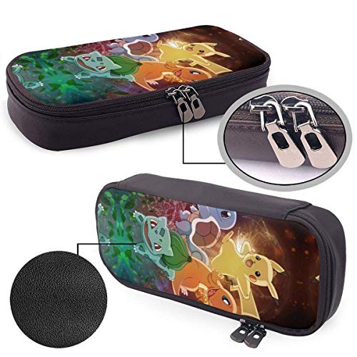 Estuche de lápices Pokémon Starte-rs Pi-Kachu - Estuche de cuero de PU de alta capacidad con organizador de escritorio de doble cremallera Bolsa de maquillaje cosmético multifunción