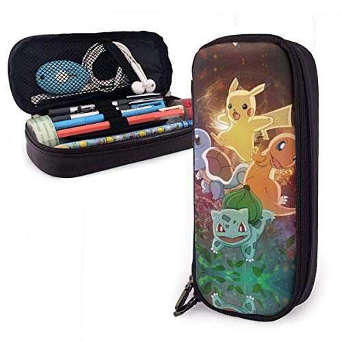 Estuche de lápices Pokémon Starte-rs Pi-Kachu - Estuche de cuero de PU de alta capacidad con organizador de escritorio de doble cremallera Bolsa de maquillaje cosmético multifunción