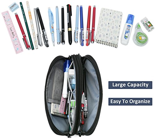 Estuche para Lápices, Kasgo Grande Capacidad Estuche Escolar para Estudiantes Papelería de Dos Cremallera y Bolsillo Negro