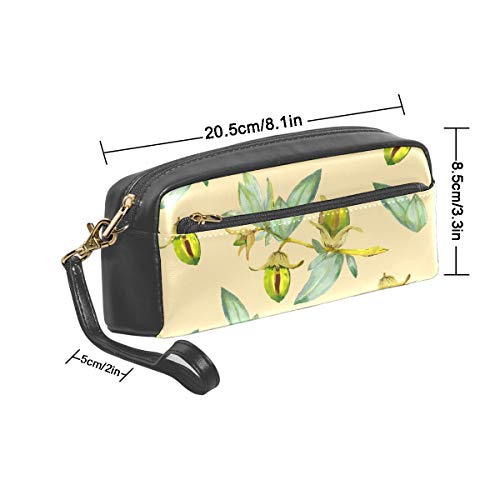 Estuche para niñas con cremallera de piel sintética y cremallera, diseño de planta de jojoba tropical, botánica, botánica, ecológica, de gran capacidad, bolsa para lápices