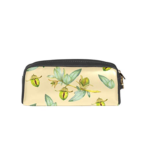 Estuche para niñas con cremallera de piel sintética y cremallera, diseño de planta de jojoba tropical, botánica, botánica, ecológica, de gran capacidad, bolsa para lápices