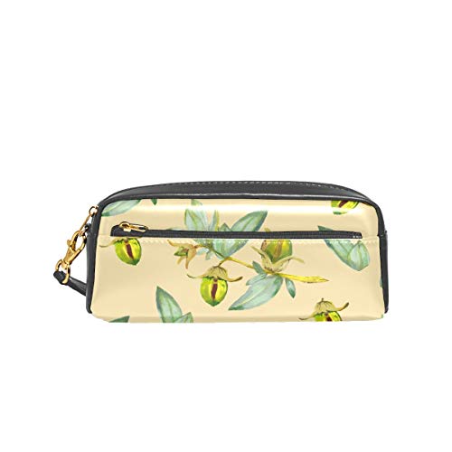 Estuche para niñas con cremallera de piel sintética y cremallera, diseño de planta de jojoba tropical, botánica, botánica, ecológica, de gran capacidad, bolsa para lápices