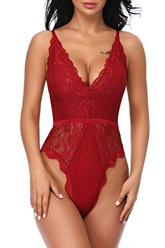 Evelife Body Encaje Mujer Sexy Teddy Bodysuit Ropa Interior V Profundo Snap Crotch Ropa de Dormir Lencería Transparente(Vino Tinto S)