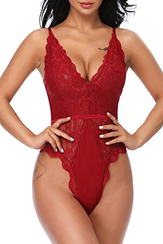 Evelife Body Encaje Mujer Sexy Teddy Bodysuit Ropa Interior V Profundo Snap Crotch Ropa de Dormir Lencería Transparente(Vino Tinto S)