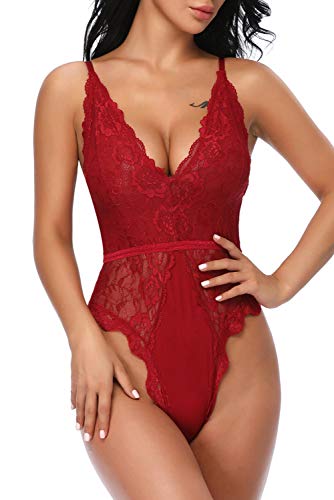 Evelife Body Encaje Mujer Sexy Teddy Bodysuit Ropa Interior V Profundo Snap Crotch Ropa de Dormir Lencería Transparente(Vino Tinto S)