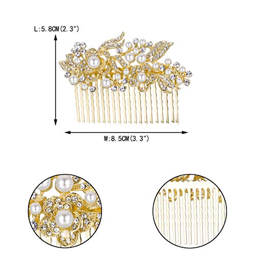 EVER FAITH® - Cristal Gatsby Inspirado Color Marfil Perla Simulada Peineta de Pelo - Claro-20-Dientes-Oro-Tono