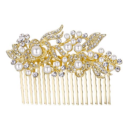 EVER FAITH® - Cristal Gatsby Inspirado Color Marfil Perla Simulada Peineta de Pelo - Claro-20-Dientes-Oro-Tono