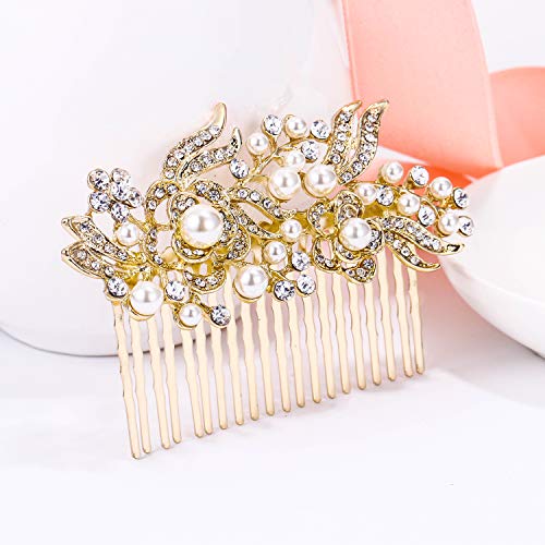 EVER FAITH® - Cristal Gatsby Inspirado Color Marfil Perla Simulada Peineta de Pelo - Claro-20-Dientes-Oro-Tono