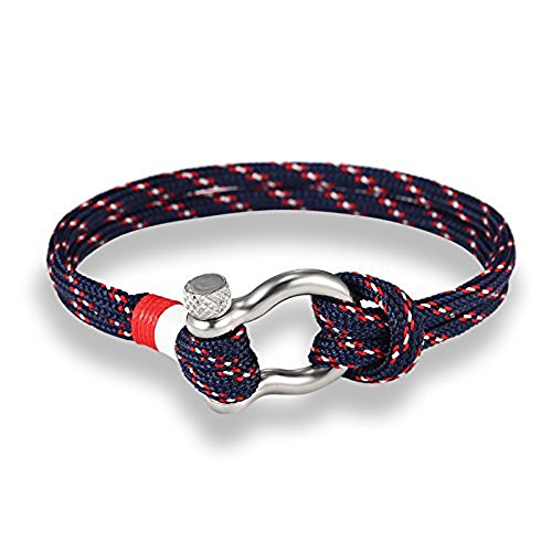 EXINOX Pulsera Nautica Grillete de Acero | Hombre Y Mujer | Cuero Acero Inoxidable (Azul y Rojo)