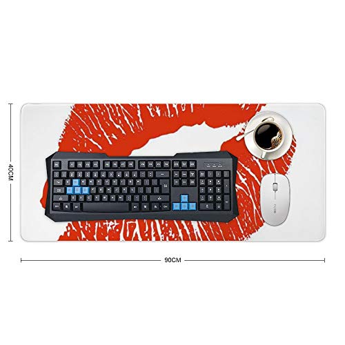 Extended Gaming Mouse Pad with Stitched Edges Large Keyboard Mat Non-Slip Rubber Base of Lips Kiss Mark on White Background Seductive Trace with Grunge Display Desk Pad for Gamer Office 16x35 Inch