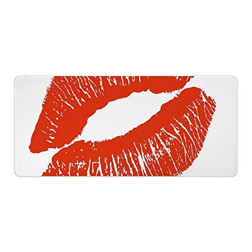 Extended Gaming Mouse Pad with Stitched Edges Large Keyboard Mat Non-Slip Rubber Base of Lips Kiss Mark on White Background Seductive Trace with Grunge Display Desk Pad for Gamer Office 16x35 Inch