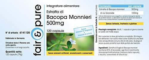 Extracto de Bacopa Monnieri 500 mg - Polvo de Brahmi en Cápsulas - 20% de Bacósidos - Vegano - Alta pureza - 120 Cápsulas