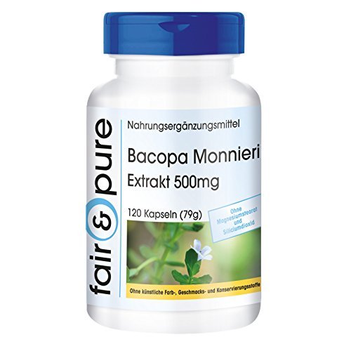 Extracto de Bacopa Monnieri 500 mg - Polvo de Brahmi en Cápsulas - 20% de Bacósidos - Vegano - Alta pureza - 120 Cápsulas