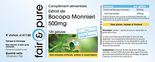 Extracto de Bacopa Monnieri 500 mg - Polvo de Brahmi en Cápsulas - 20% de Bacósidos - Vegano - Alta pureza - 120 Cápsulas