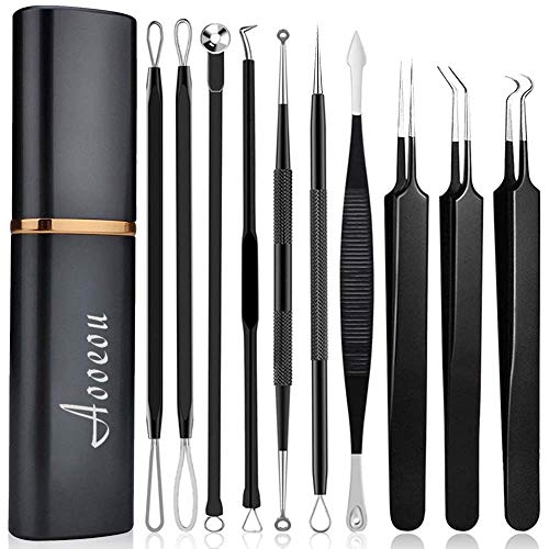 Extractor de Puntos Negros y Espinillas Profesional Kit, 10PCS Aguja Extractor Limpiador para Puntos Negros, Espinillas, Comedones, Acné Remover en Cabeza Doble de Acero Inoxidable (Negro)