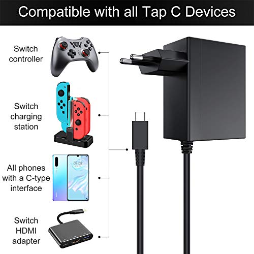 EXTSUD Cargador para Nintendo Switch, Adaptador USB Tipo C para Nintendo Switch de Corriente 15V PD Cargador Rápido, Compatible con Nintendo Switch Lite, Admite Modo TV