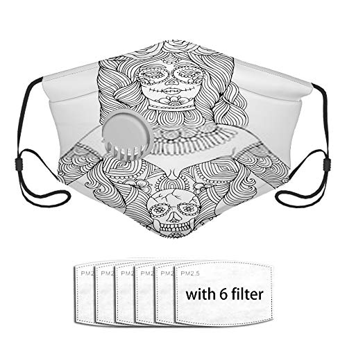 Eybfrre Jpeg Chica dibujada a mano con maquillaje de calavera con flores en la cara Bandanas con válvula de respiración + Filtro de carbón activado Reemplazable Haze Dust para adultos