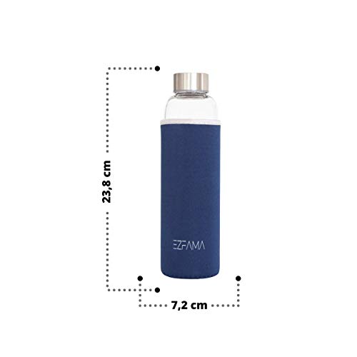 EZFAMA Botella de Agua Deportiva de Vidrio borosilicato 550ml con Funda de Nailon Prueba de Fugas Sin BPA Respetuoso del Medio Ambiente Ideal para Oficina Viaje Deporte Yoga Gimnasio Coche (Azul)