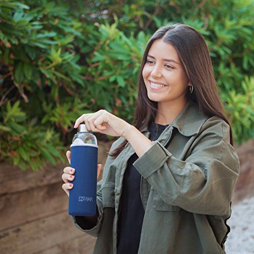 EZFAMA Botella de Agua Deportiva de Vidrio borosilicato 550ml con Funda de Nailon Prueba de Fugas Sin BPA Respetuoso del Medio Ambiente Ideal para Oficina Viaje Deporte Yoga Gimnasio Coche (Azul)