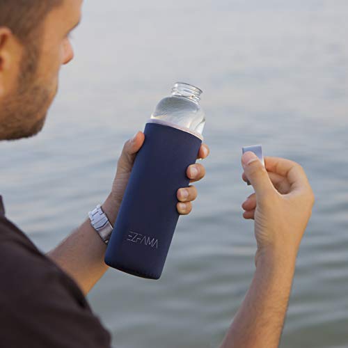 EZFAMA Botella de Agua Deportiva de Vidrio borosilicato 550ml con Funda de Nailon Prueba de Fugas Sin BPA Respetuoso del Medio Ambiente Ideal para Oficina Viaje Deporte Yoga Gimnasio Coche (Azul)