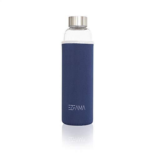 EZFAMA Botella de Agua Deportiva de Vidrio borosilicato 550ml con Funda de Nailon Prueba de Fugas Sin BPA Respetuoso del Medio Ambiente Ideal para Oficina Viaje Deporte Yoga Gimnasio Coche (Azul)