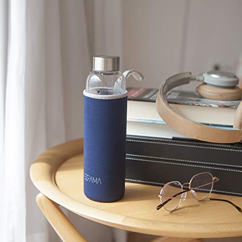 EZFAMA Botella de Agua Deportiva de Vidrio borosilicato 550ml con Funda de Nailon Prueba de Fugas Sin BPA Respetuoso del Medio Ambiente Ideal para Oficina Viaje Deporte Yoga Gimnasio Coche (Azul)